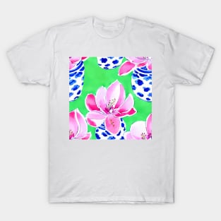 Pink flowers in ginger jars on green background T-Shirt